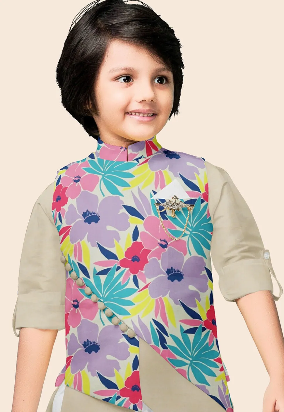 Digital Printed Modal Satin Nehru Jacket in Multicolor