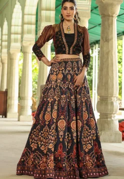 Digital Printed Modal Satin Crop Top Set in Black and Copper