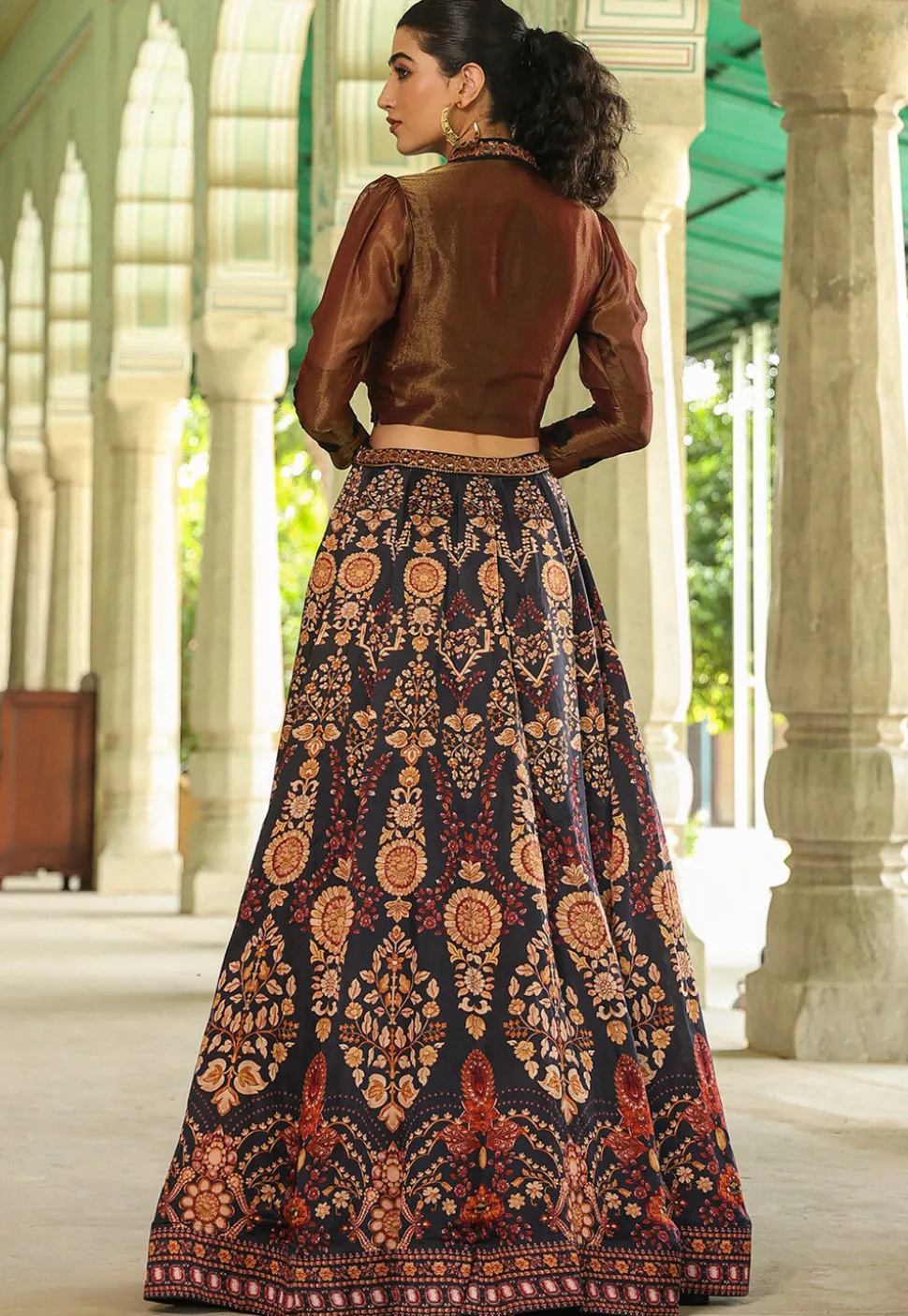 Digital Printed Modal Satin Crop Top Set in Black and Copper
