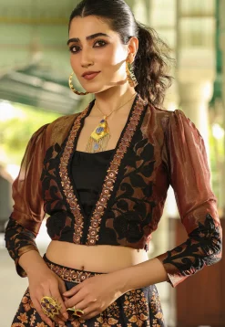 Digital Printed Modal Satin Crop Top Set in Black and Copper