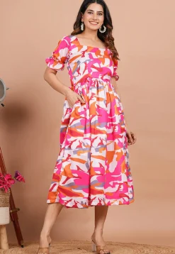 Digital Printed Modal Satin Aline Dress in Multicolor
