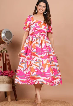 Digital Printed Modal Satin Aline Dress in Multicolor