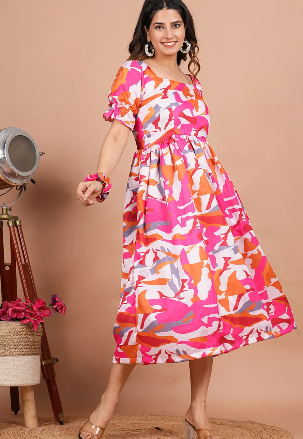 Digital Printed Modal Satin Aline Dress in Multicolor