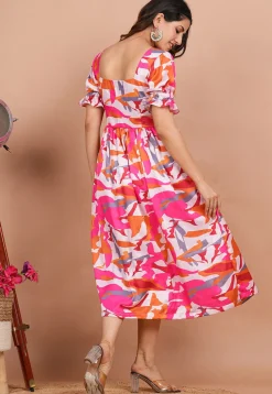 Digital Printed Modal Satin Aline Dress in Multicolor