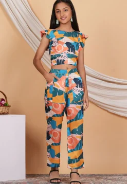 Digital Printed Modal Satin Crop Top Set in Multicolor