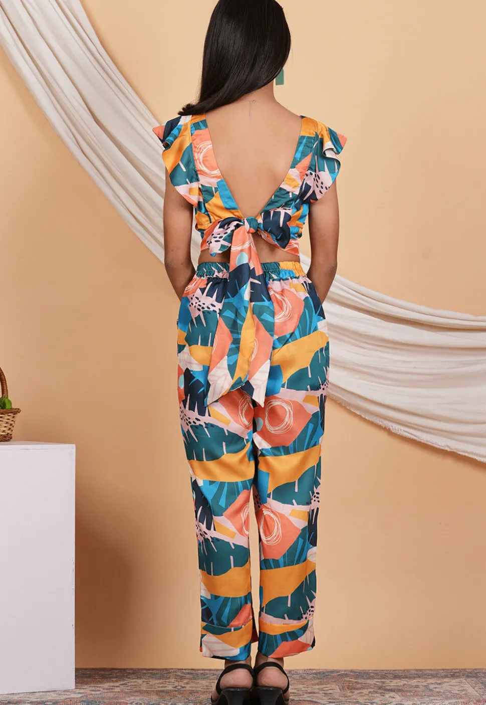 Digital Printed Modal Satin Crop Top Set in Multicolor