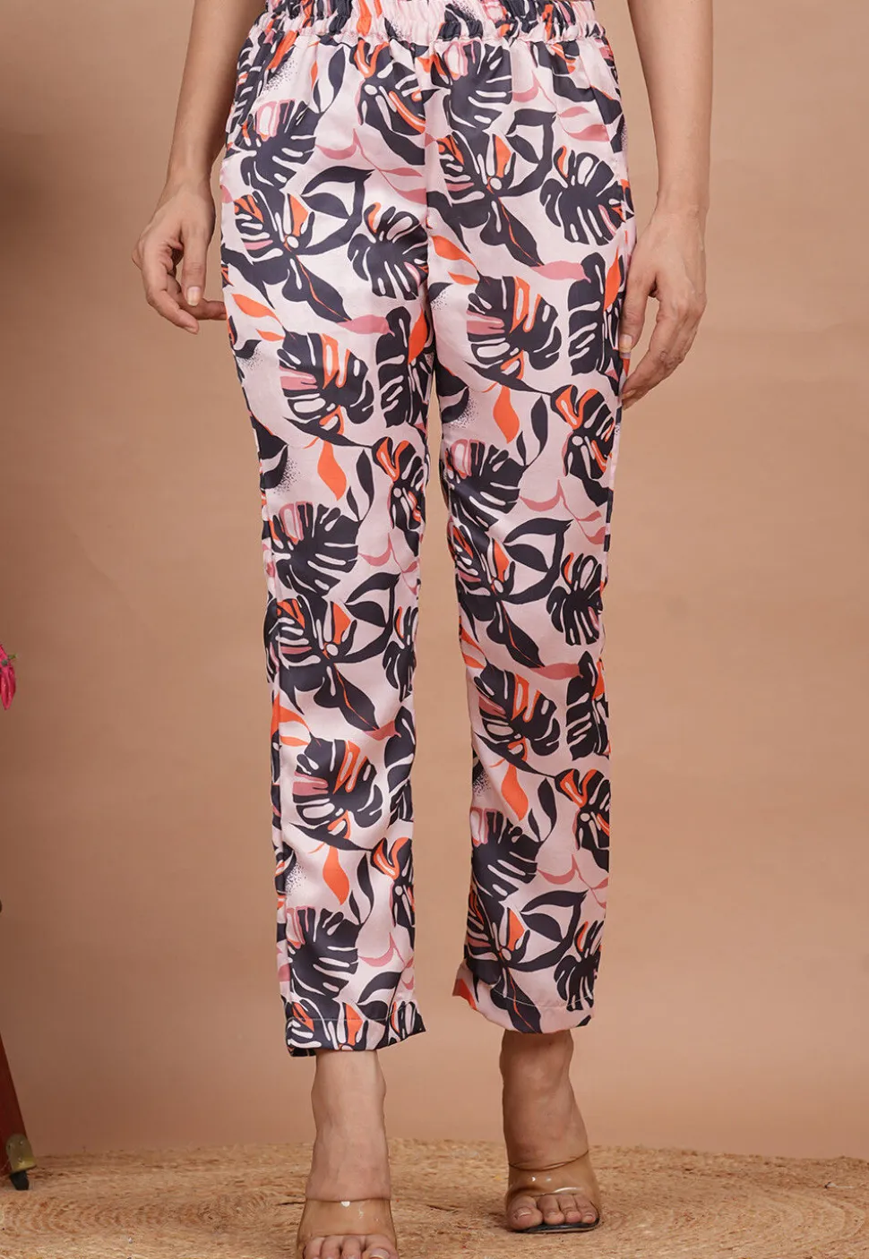 Digital Printed Modal Satin Pant in Peach