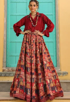 Digital Printed Modal Satin Top Set in Maroon