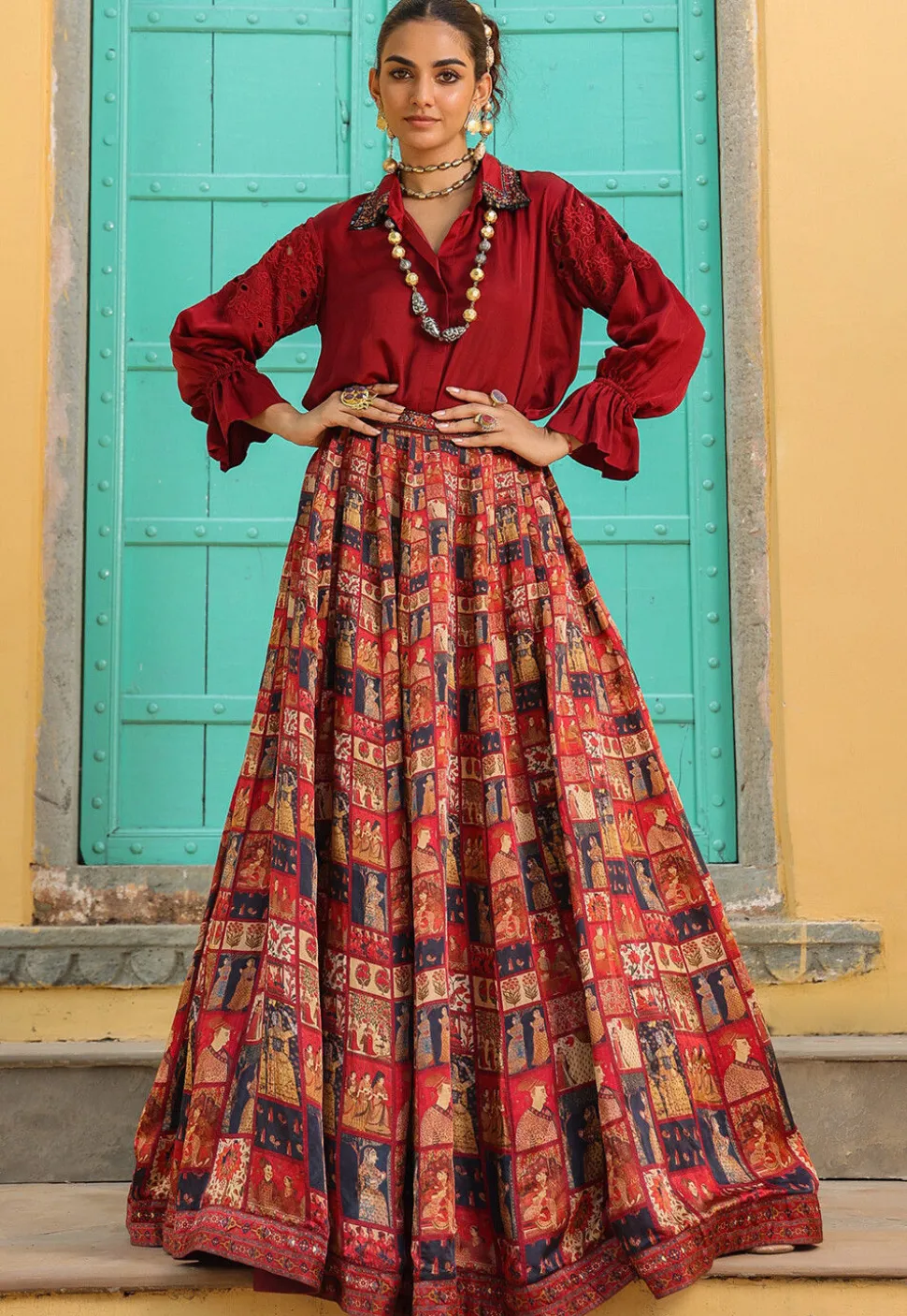 Digital Printed Modal Satin Top Set in Maroon