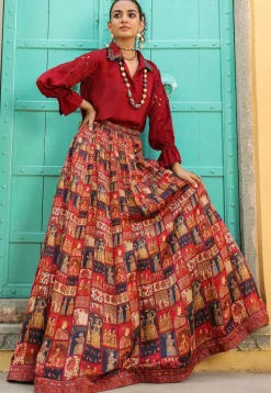 Digital Printed Modal Satin Top Set in Maroon