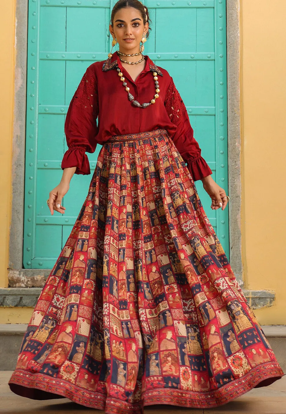 Digital Printed Modal Satin Top Set in Maroon