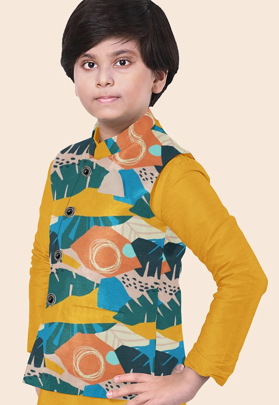 Digital Printed Modal Satin Nehru Jacket in Multicolor
