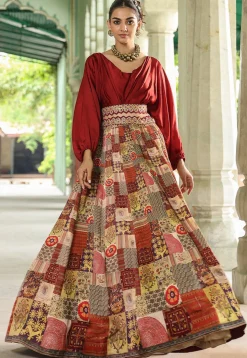 Digital Printed Modal Satin Crop Top Set in Maroon