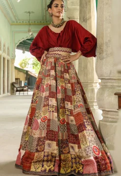 Digital Printed Modal Satin Crop Top Set in Maroon