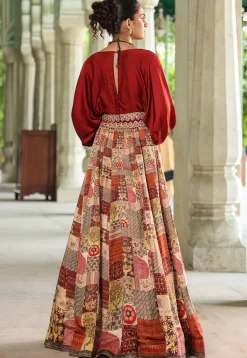 Digital Printed Modal Satin Crop Top Set in Maroon