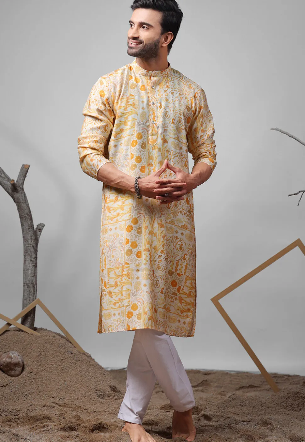 Digital Printed Modal Silk Kurta Set in Cream