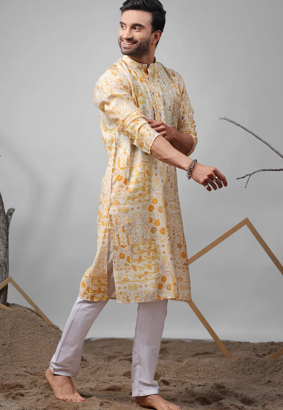 Digital Printed Modal Silk Kurta Set in Cream
