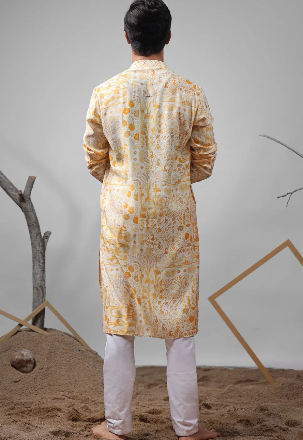 Digital Printed Modal Silk Kurta Set in Cream