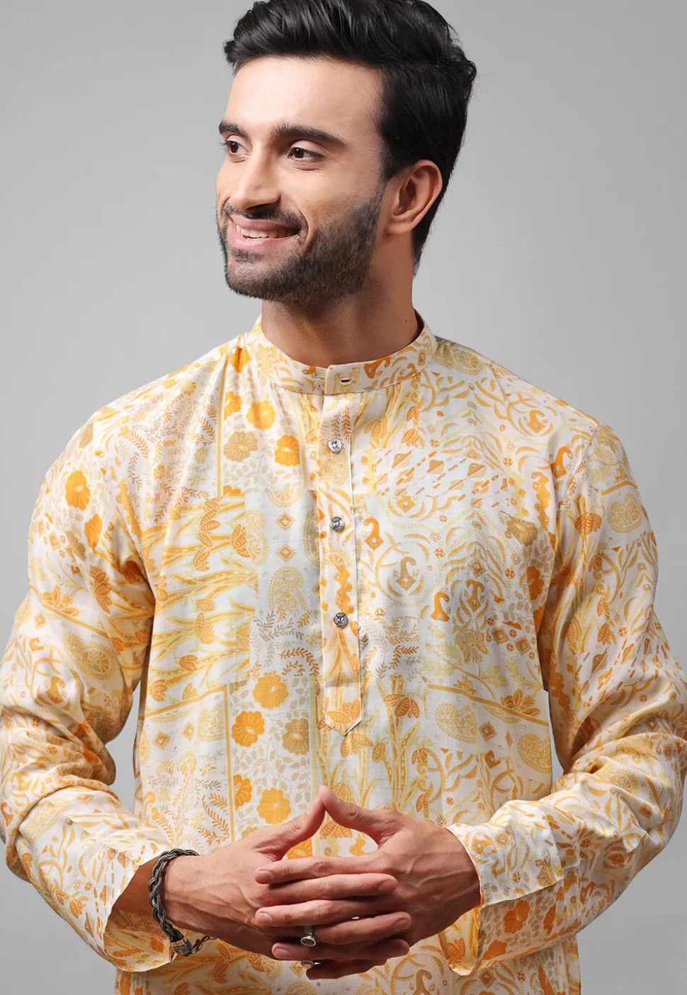 Digital Printed Modal Silk Kurta Set in Cream