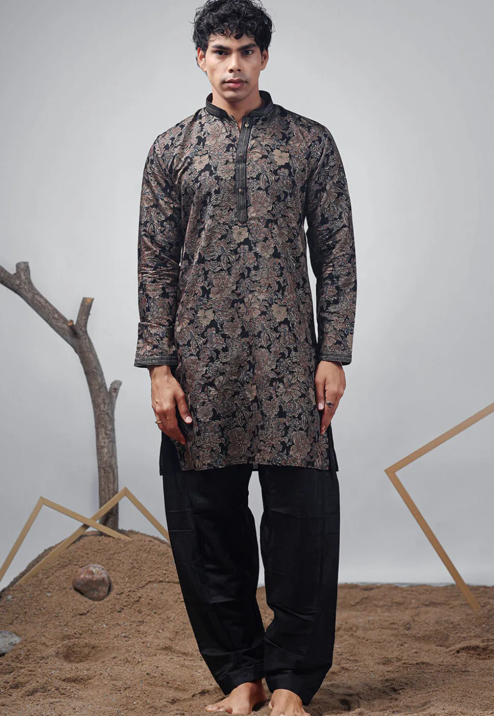 Digital Printed Modal Silk Kurta Set in Black