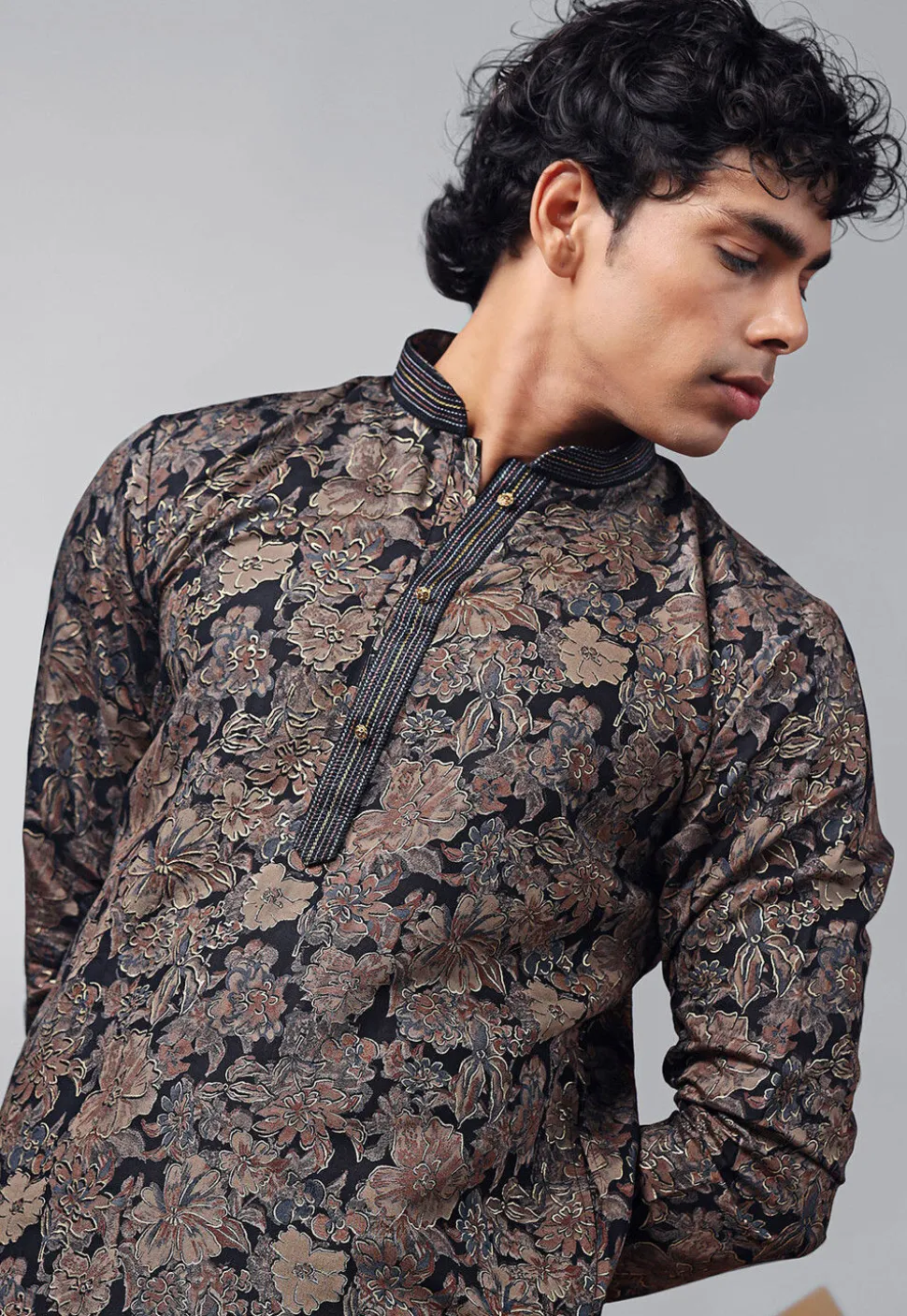 Digital Printed Modal Silk Kurta Set in Black