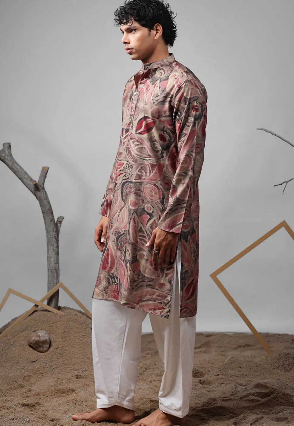 Digital Printed Modal Silk Kurta Set in Old Rose