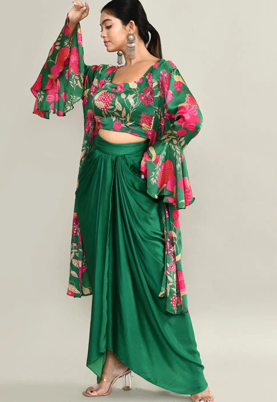 Digital Printed Modal Silk Crop Top Set in Green