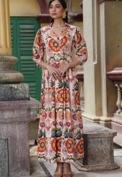 Digital Printed Mulmul Cotton Maxi Dress in Off White and Multicolor