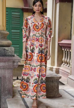 Digital Printed Mulmul Cotton Maxi Dress in Off White and Multicolor