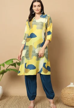 Digital Printed Muslin Cotton Aline Kurta Set in Yellow