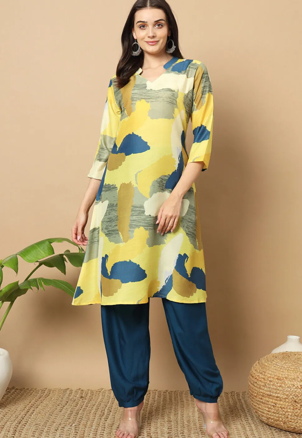 Digital Printed Muslin Cotton Aline Kurta Set in Yellow