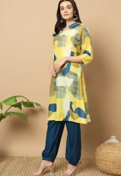 Digital Printed Muslin Cotton Aline Kurta Set in Yellow