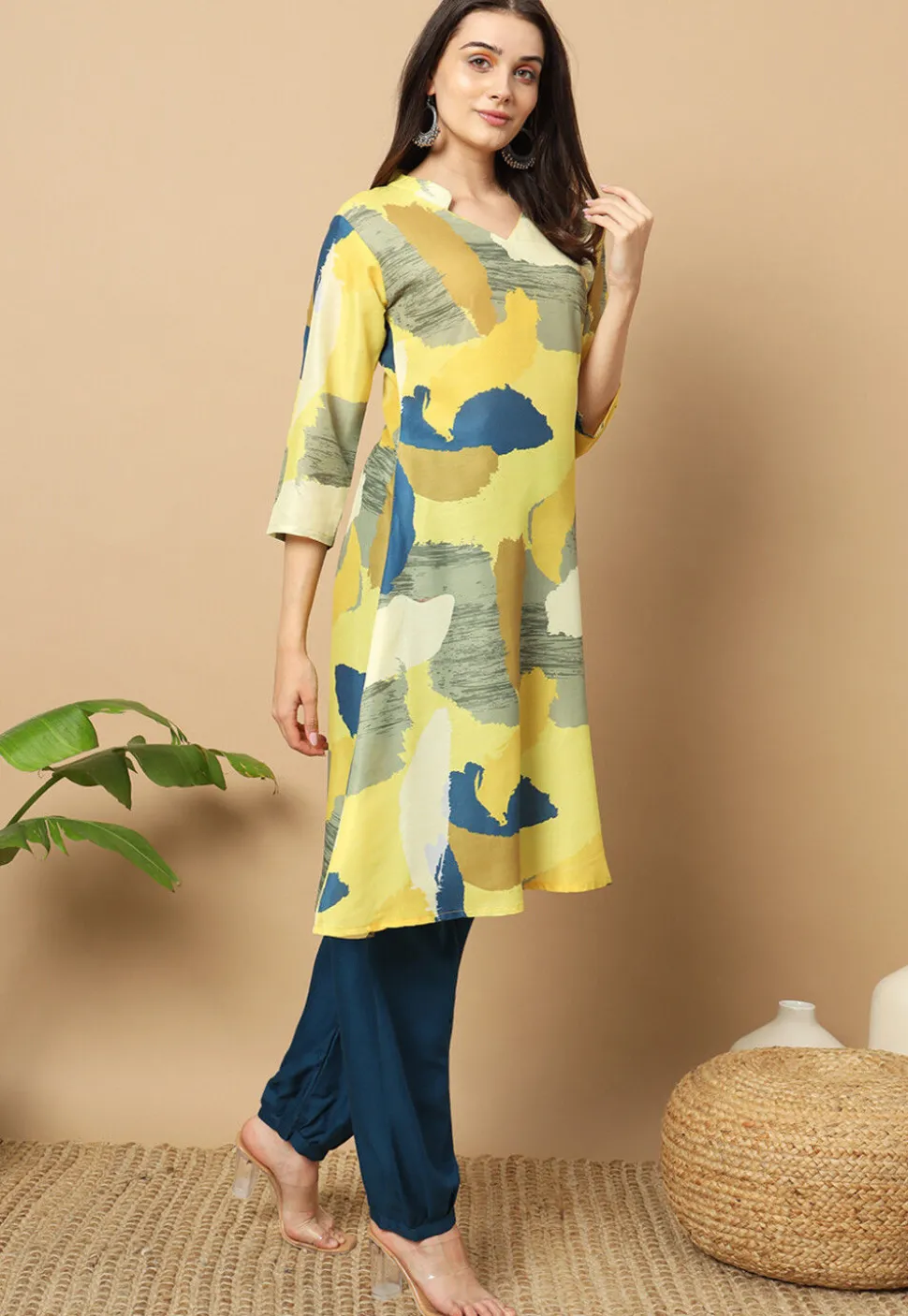 Digital Printed Muslin Cotton Aline Kurta Set in Yellow