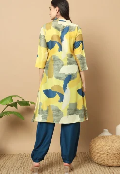 Digital Printed Muslin Cotton Aline Kurta Set in Yellow