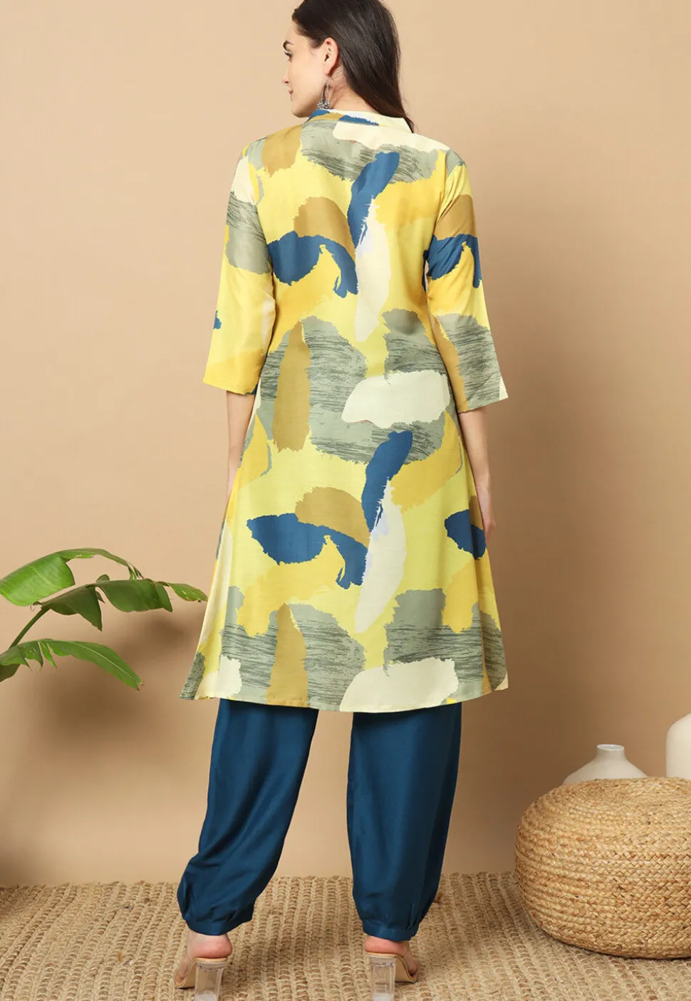 Digital Printed Muslin Cotton Aline Kurta Set in Yellow