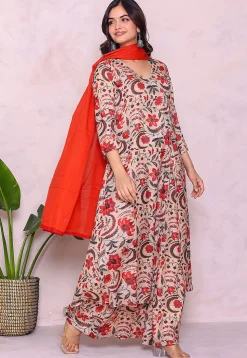 Digital Printed Muslin Cotton A Line Suit in Light Beige