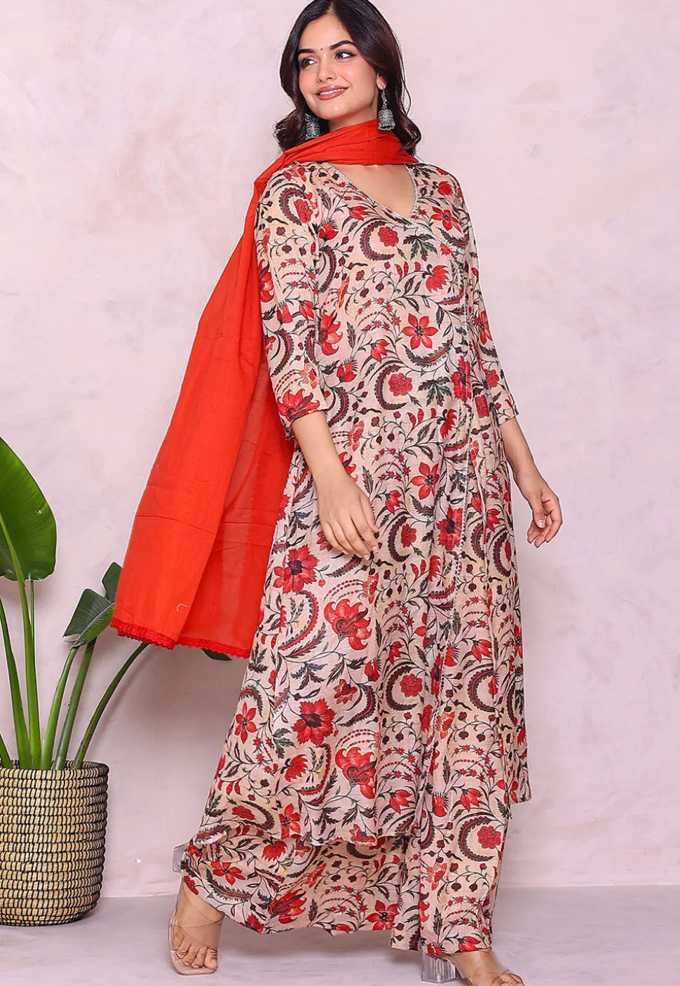 Digital Printed Muslin Cotton A Line Suit in Light Beige