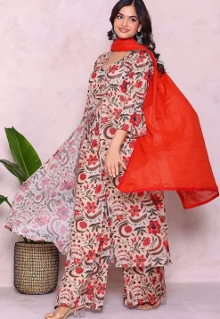 Digital Printed Muslin Cotton A Line Suit in Light Beige