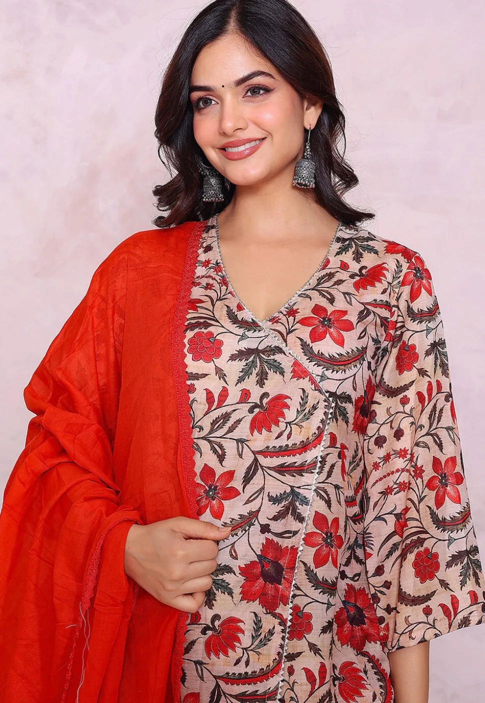 Digital Printed Muslin Cotton A Line Suit in Light Beige