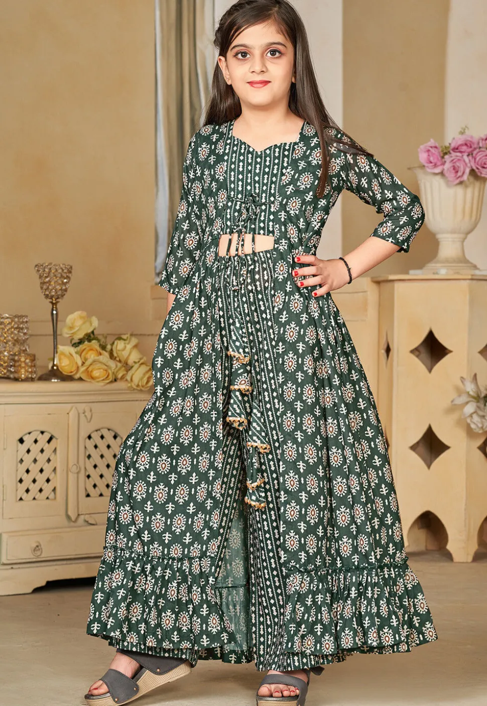 Digital Printed Muslin Cotton Crop Top Set in Dark Green