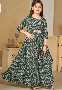 Digital Printed Muslin Cotton Crop Top Set in Dark Green