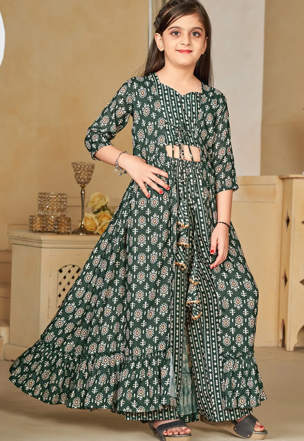 Digital Printed Muslin Cotton Crop Top Set in Dark Green