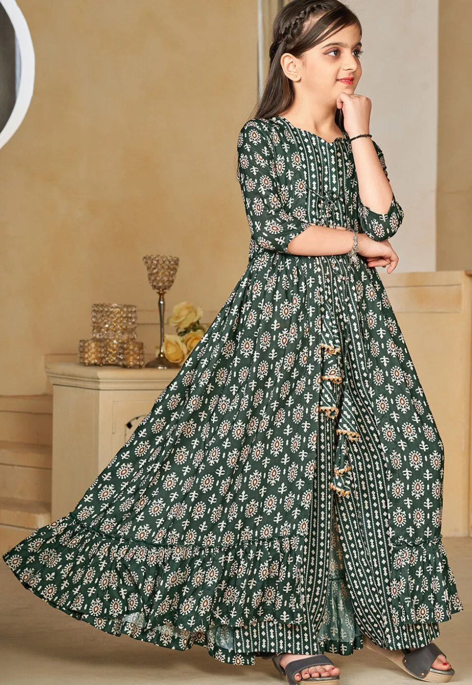 Digital Printed Muslin Cotton Crop Top Set in Dark Green
