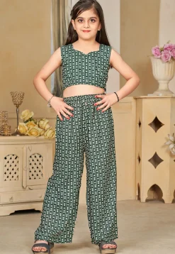 Digital Printed Muslin Cotton Crop Top Set in Dark Green