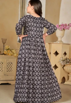 Digital Printed Muslin Cotton Gown with Jacket in Black