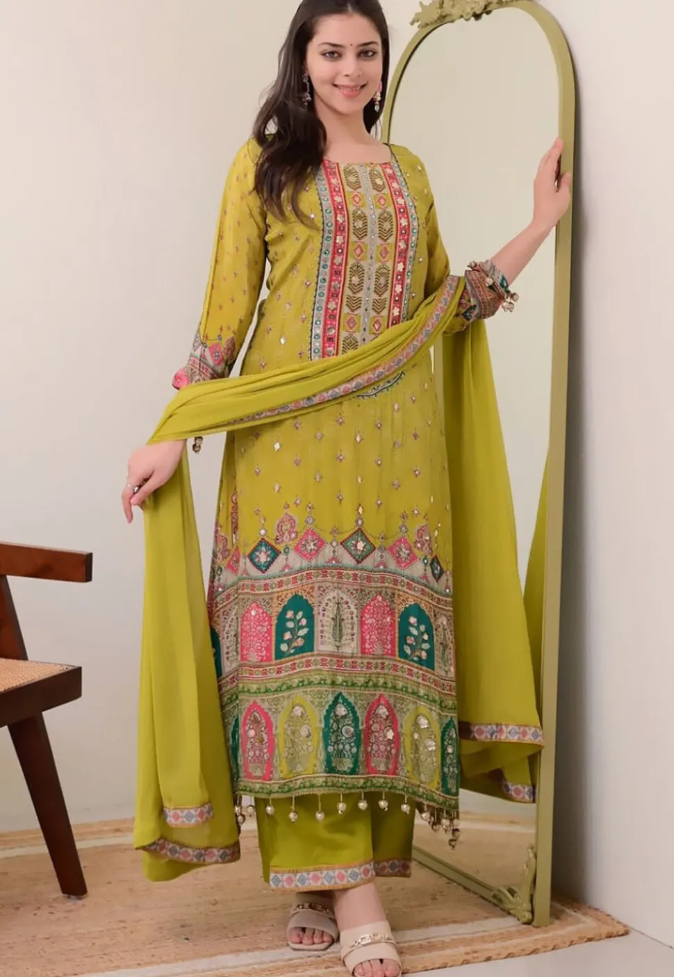 Digital Printed Muslin Cotton Pakistani Suit in Olive Green