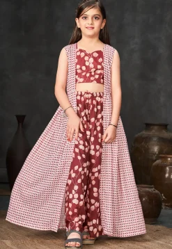 Digital Printed Muslin Cotton Crop Top Set in Maroon