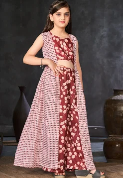 Digital Printed Muslin Cotton Crop Top Set in Maroon