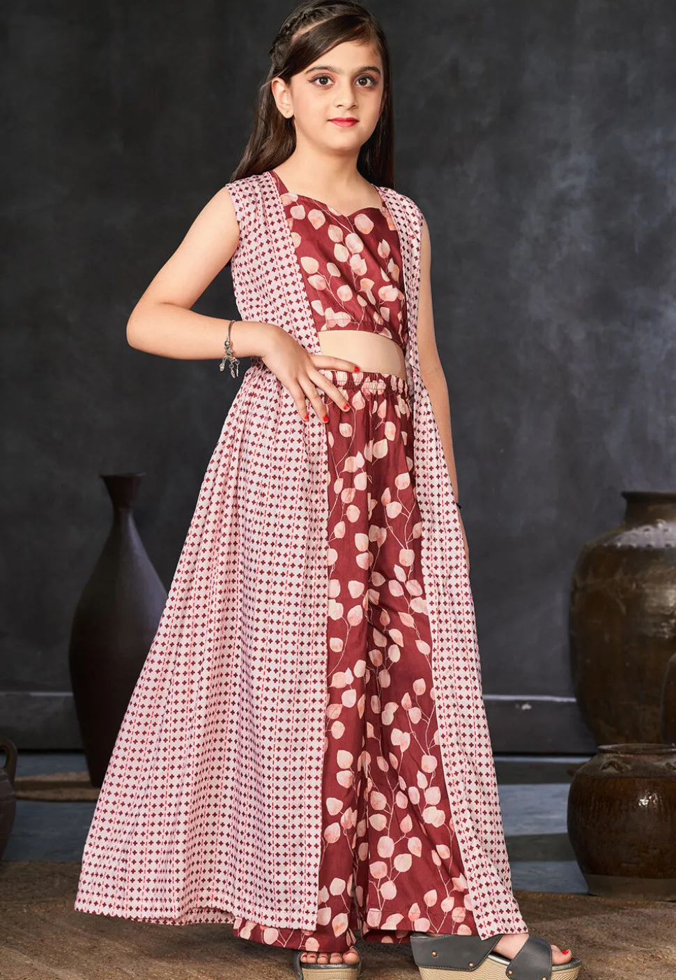 Digital Printed Muslin Cotton Crop Top Set in Maroon