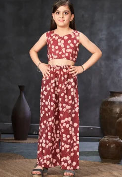 Digital Printed Muslin Cotton Crop Top Set in Maroon